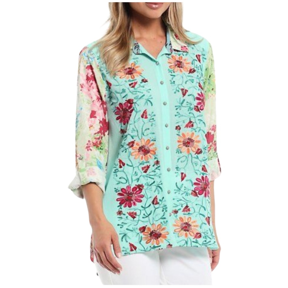 John Mark Mixed Media Floral Embroidered Chiffon Printed Button Down Blouse NWT